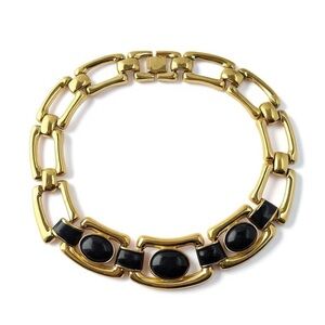 Vintage Enamel Black Lucite Cabochon Chunky Link Collar Necklace Goldtone